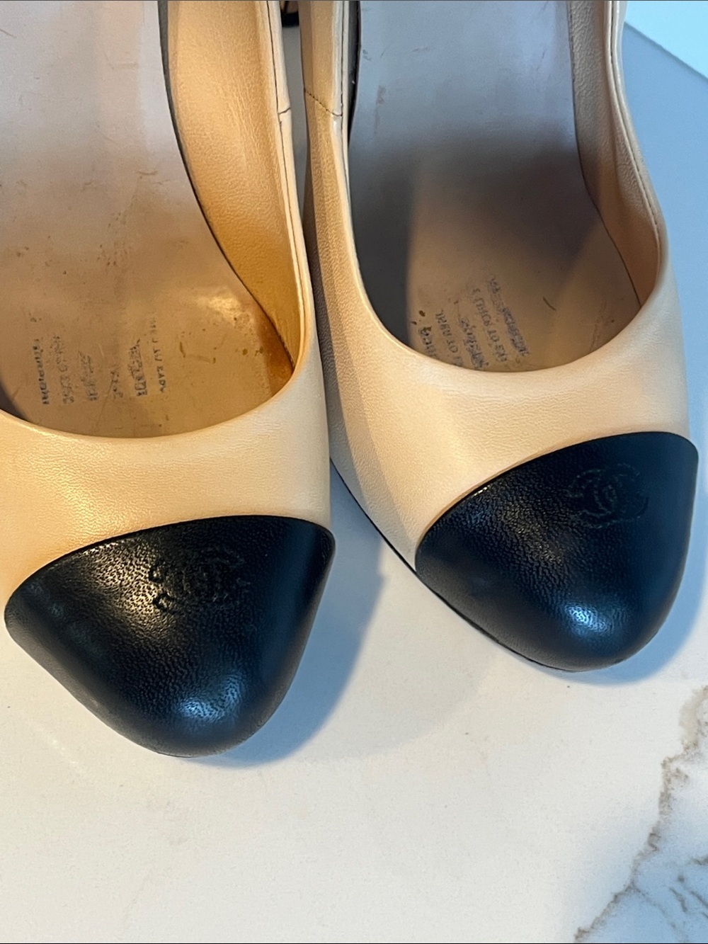 CHANEL Beige Leather Pumps with Black Cap Toes - Picture 5 of 17